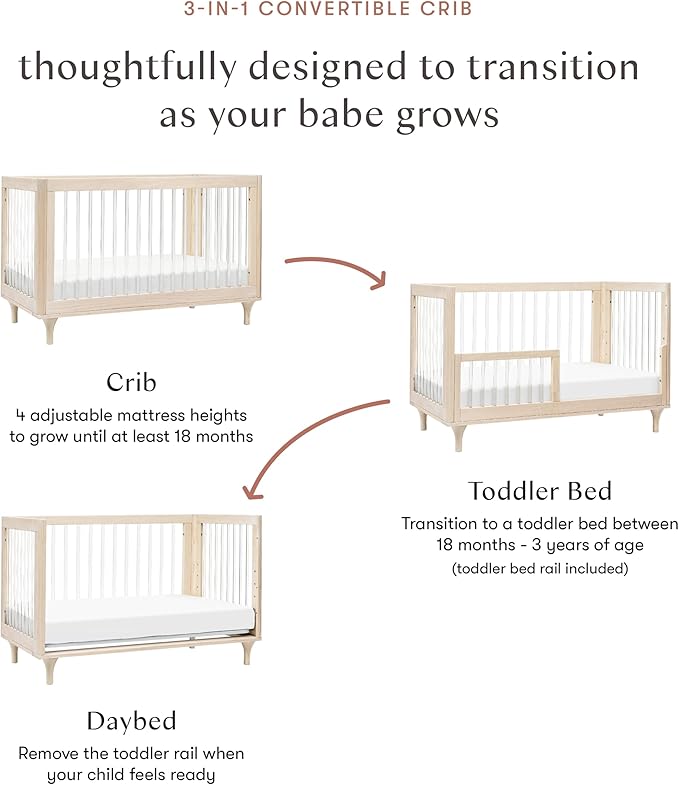 Babyletto Lolly 3-in-1 Baby Crib Convertible to Toddler Bed & Daybed, GREENGUARD Gold Certified, 4 Adjustable Heights, Includes Toddler Conversion Kit, Made of 100% Solid Wood - Washed Natural/Acrylic