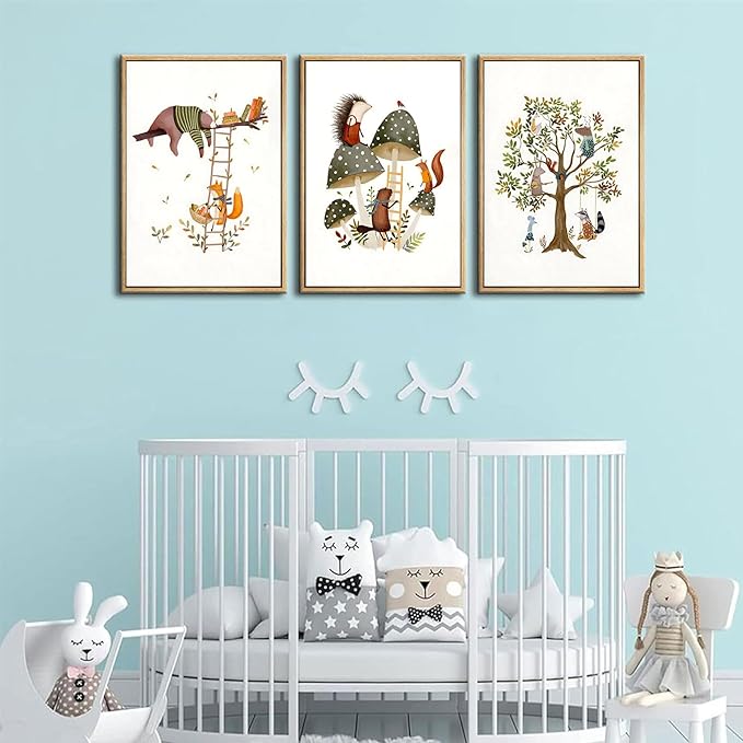 3Pcs Woodland Safari Animals Nursery Canvas Wall Art Baby Jungle Small Animal Wall Decor Pictures Tree Bear Rabbit Fox Hedgehog Kids Posters Prints for Classroom Children Bedroom Decoration Unframed