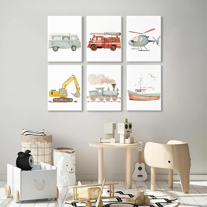 Car Wall Art Boys Room Canvas Wall Decor Nursery Prints Transportation Vehicle Wall Art Kids Toddler Posters Construction Truck Pictures Boy Nursery Artwork for Bedroom Playroom 8x10x6 Inch Framed