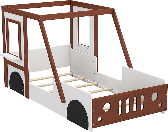 Cute Fun Play Design Twin Size Car Bed,Kids Platform Bed with Car-Shaped Headboard and 2 Windows,Solid Wood Car Bed Frame with Strong Slatted Support for Kids Teens,Can be Decorated