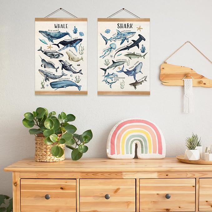 ZTGDA Sharks and Whales Posters, Sea Animals Shark Posters Wall Art,Marine Sharks Decor,Ocean Educational Poster for Kid Classroom Decorations Kids Room Home Nursery Playroom, Set of 2 (Shark-1)