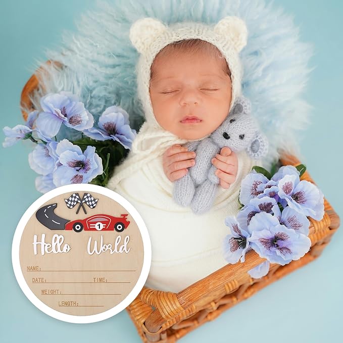 Baby Announcement Sign, 15cm/5.91in Wooden Hello World Newborn Bulletin Board with Pen Race Car & Checkered Flag Decor Welcome Birth Name Plaque for Home Hospital Nursery