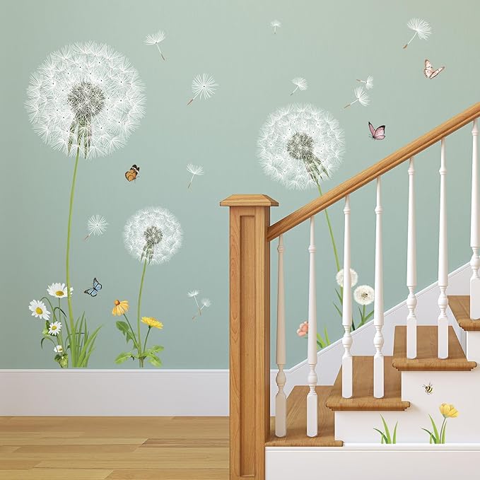 SHUCHING Large Dandelion Wall Decals Peel and Stick, Vinyl Flower Wall Sticker, Wall Decor Art Home Decoration for Living Room Bedroom Office