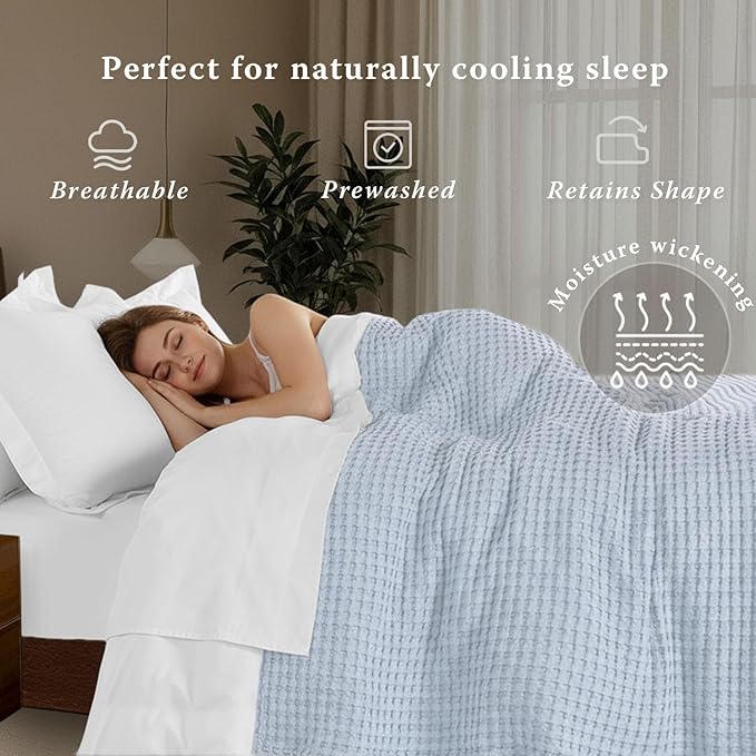 Threadmill Cooling Blanket Twin Size Waffle Weave| Breathable, Lightweight & Ultra-Soft | Made from Rayon Derived from Bamboo | Waffle Throw for Couch and Sofa | 68 x 92 Inches | Light Blue