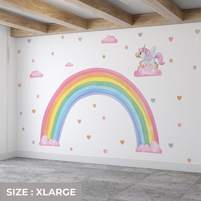 Unicorn Wall Decal – Unicorn - Rainbow - Clouds Wall Sticker Set for Baby Girl Nursery – Pastel Whimsical Sticker Mural for Kids Room Decor (Unicorn Rainbow, XLarge)