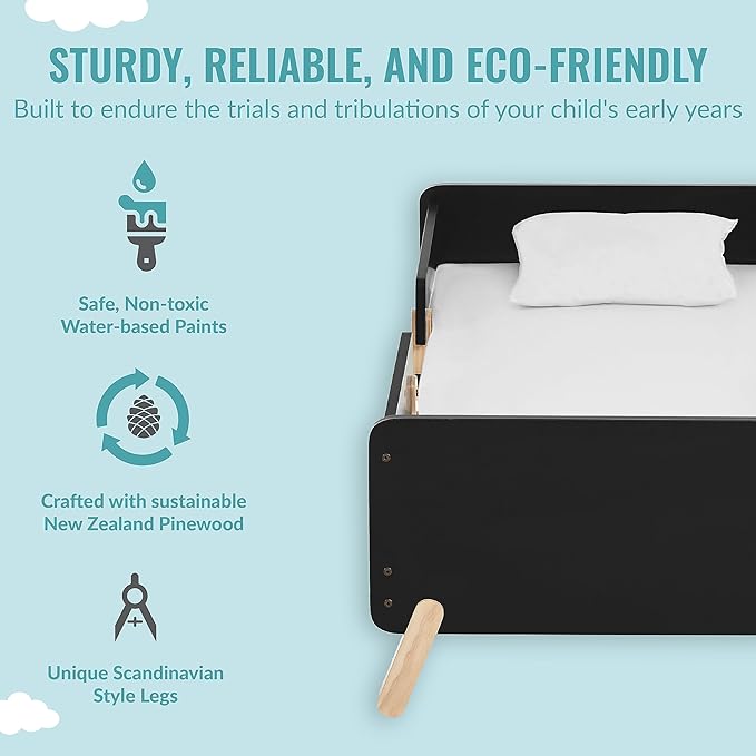 Dream On Me Osko Convertible Toddler Bed Made with Sustainable New Zealand Pinewood in Black, JPMA & Greenguard Gold Certified, Non-Toxic Finish