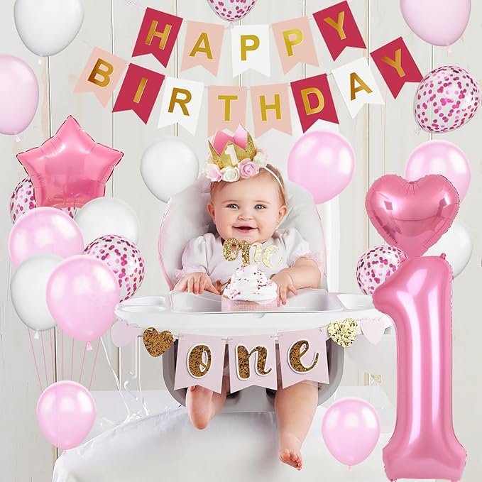 1st Birthday Decoration for Girls, Pink White Confetti 1st Birthday Balloon with 40 Inch Number 1 Pink Balloon Star Heart Balloons and Happy Birthday Banner for Baby 1 Year Old Birthday Party Decor