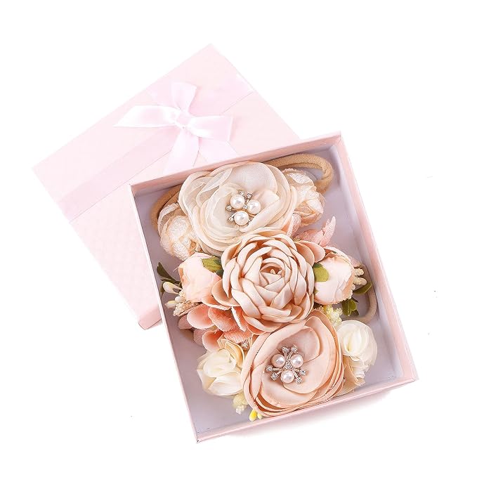 Baby Girl Floral Headband Nylon Flower Crown Elastic Hairband 3pcs Hair Accessories Gift for Girls，stretchy size 3pcs/set