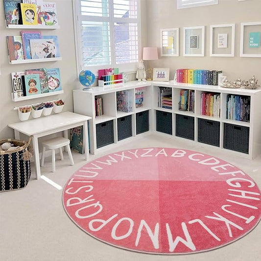 LIVEBOX ABC Pink Round Kids Rug for Girls Bedroom, Circle Nursery Area Rug Princess Washable Rug for Playroom, Non-Slip Crawling Play Mat Alphabet Learning Carpet for Teen Dorm (59",Pink)