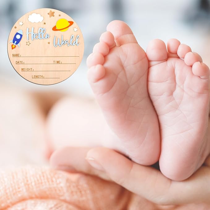 Hello World Newborn Announcement Sign, Wooden Baby Birth Announcement Sign with Pen Rocket and Planet Decorations Suitable for Hospital Nursery Photo Props