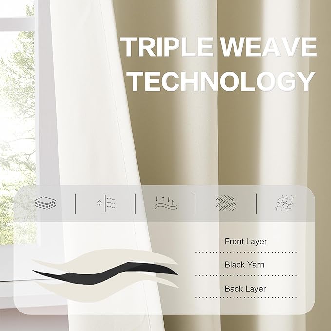 DUALIFE Cream Beige Curtains 105 Length 2 Panels, Blackout Curtains Thermal Insulated Window Treatment Room Darkening Drapes for Living Room Back Tab/Rod Pocket, 52 by 105 Inches Long