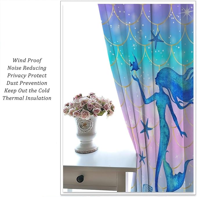Mermaid Scale Curtains for Kids Girls Magic Gradient Mermaid Fish Scale Pattern Decoration Bedroom Nursery Curtains 52x84 Inch
