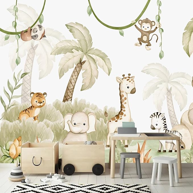 AFZEVEB-Safari Wallpaper Watercolor Animal Nursery Wall murals for Kids Room 114"x74"(Not Peel and Stick)