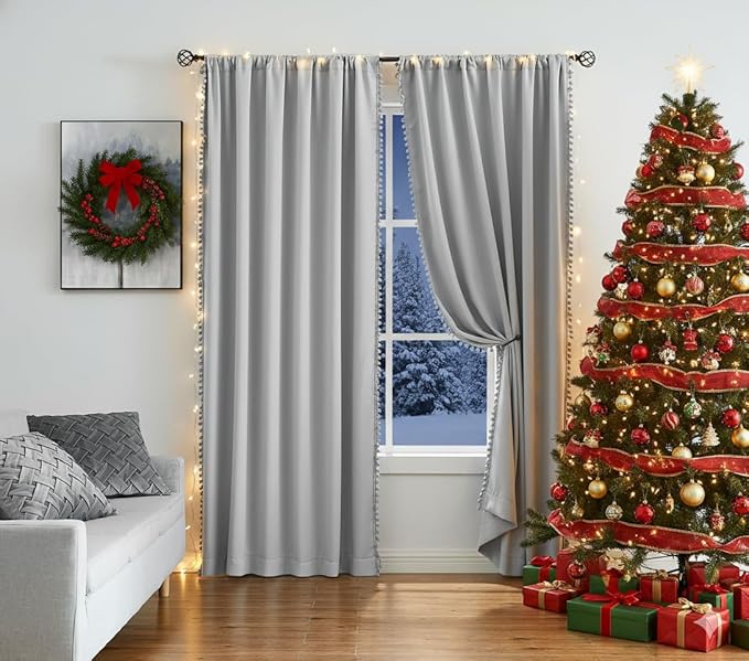 Treatmentex Pompom Full Blackout Curtains Grey Window Curtains for Basement 54 inches Thermal Insulated Room Darkening Curtain Drapes for Nursery 2 Panels