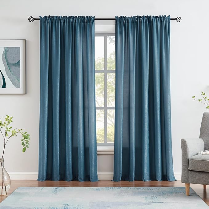 Melodieux Dark Blue Velvety Semi Sheer Curtains 96 Inch Length for Bedroom, Living Room Natural Cotton Texture Rod Pocket Window Sheer Drapes, 52 by 96 Inch (2 Panels)