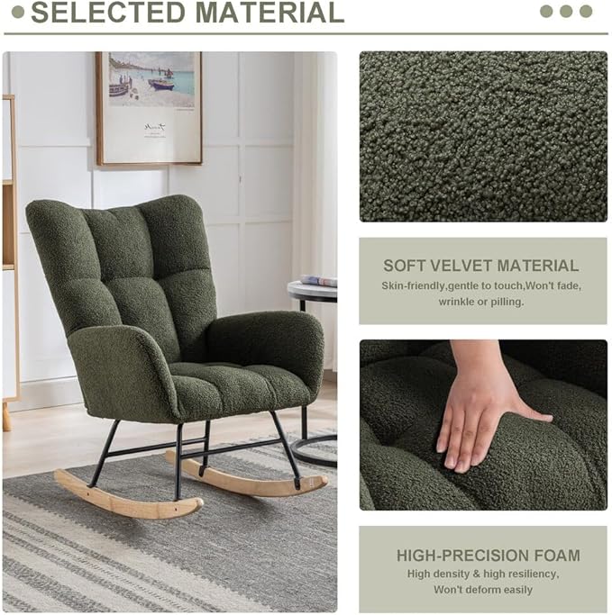 Nursery Rocking Chair Teddy Upholstered Glider Rocker Rocking Accent Chair with High Backrest Armchair Comfy Side Pocket Chair for Living Room, Bedroom, Offices (Dark Green)