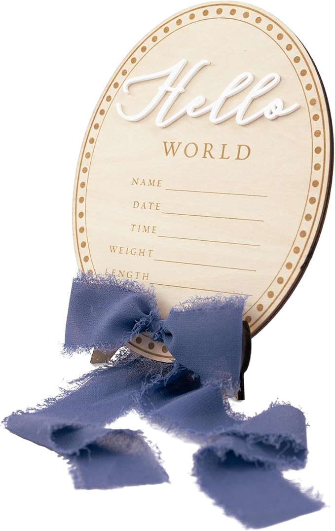 Baby Announcement Sign 6.5 Inch Wooden Hello World Newborn Welcome Sign Birth Name Plaques for Photo Props Shower Hospital Nursery (Blue Bow)