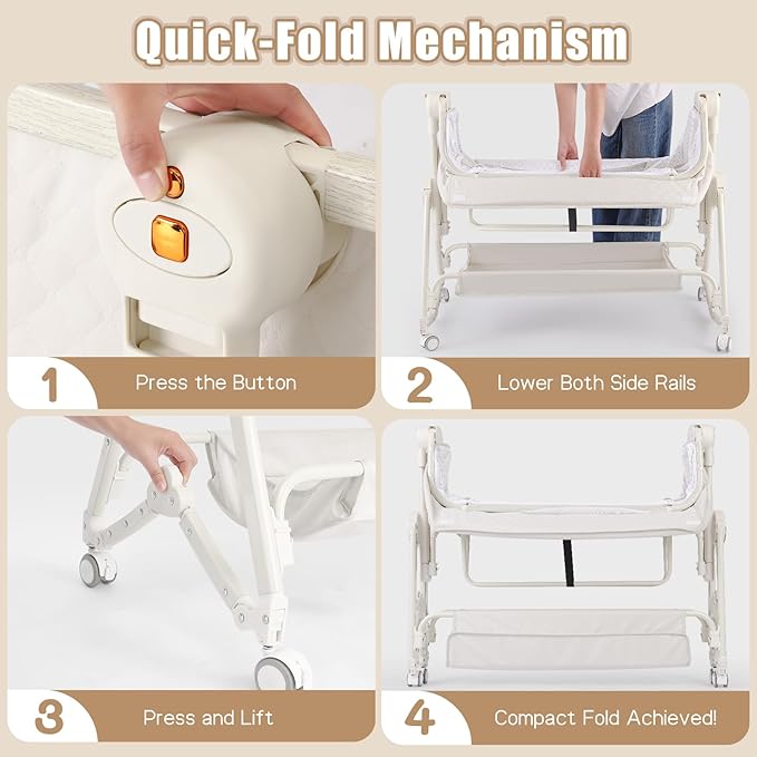 Baby Bassinets Bedside Sleeper 5 in 1,Bedside Bassinet for Baby with Mattress,Diaper Table, Storage Layer,Mosquito Net,7-level adjustable height , one-touch folding for travel with infants(Beige)