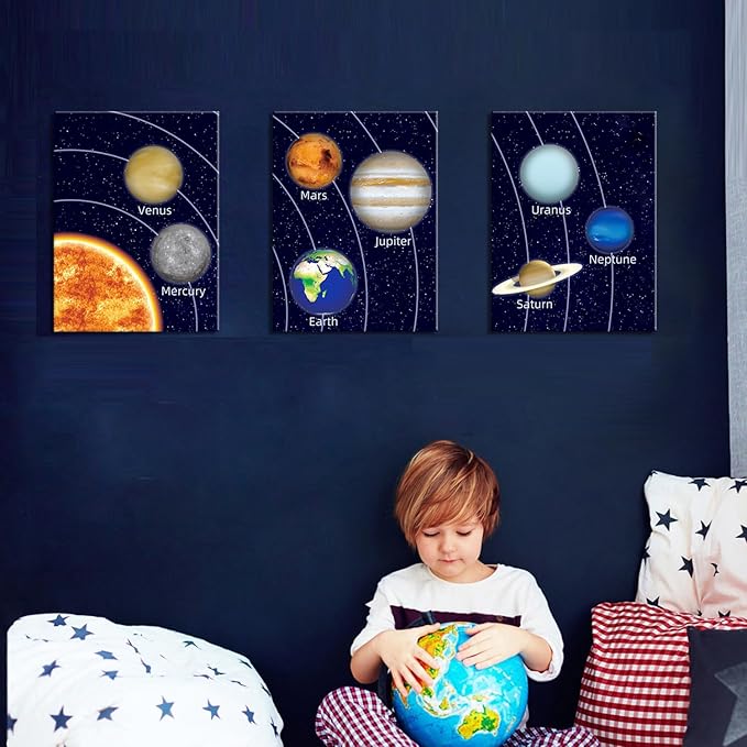 KAIRNE Boys Space Room Decor Framed Outer Space Wall Art Set of 3 (12X16inch) Kids Picture Planets Pictures Solar System Educational Teaching Poster for Boys Room Nursery Children Playroom Decor