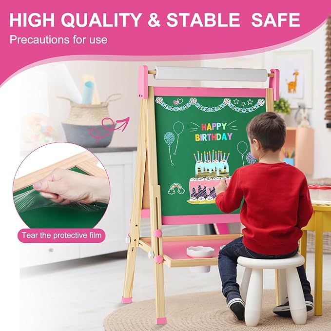 Easel for Kids Toys,Adjustable Wooden Toddler Art Easels, Girls Toys for Ages 5-7,8-13,Magnetic Dry Eraser White Board and Chalk Board with Art Supplies,Kid Easel 4 5 6 7 8 9 10 Year Old Girl Gifts