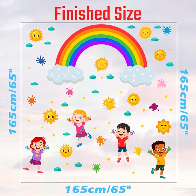 Rainbow Wall Decals Colorful Kids Wall Stickers for Classroom, Inspirational Sun Clouds Wall Decals Watercolor Splatter Sunny Art Murals for Girls Room Nursery Playroom Decorations