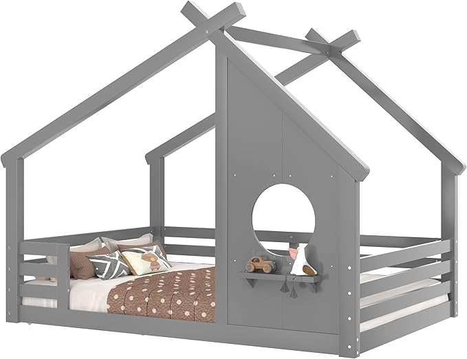 SOFTSEA Full Size House Bed Frame, Kids Floor House Bed with Window and with Storage Shelf for Boys Girls, Wood Montessori Bed with Roof and Guardrails, Grey