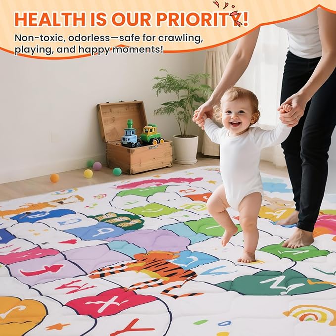 Baby Play Mat for Floor,71x59 Inch Soft Padding Crawling Mat, Foldable and Machine Washable, Thick for Babies & Toddlers,Animal School