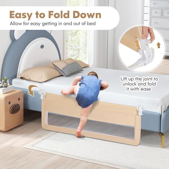 BABY JOY Bed Rails for Toddlers, 59'' Extra Long, Swing Down Bed Guard w/Safety Strap, Folding Baby Bedrail for Kids Twin, Double, Full Size Queen & King Mattress (59-Inch, Beige)
