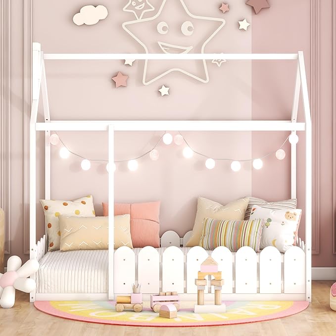 Bellemave Twin Size Kids Floor Bed Frame with Fences, Wooden House Bed with Roof Can be Decorated for Kids Girls Boys (White)