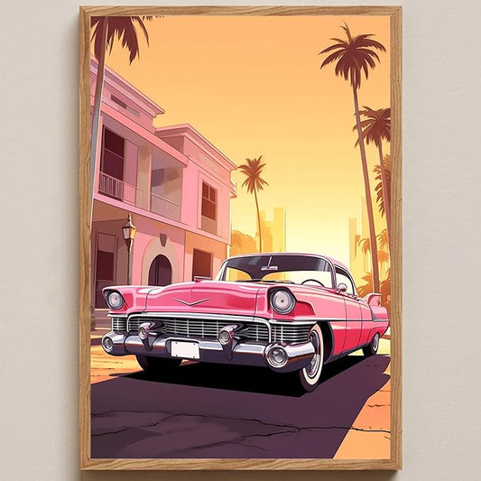 Pink Car Canvas Palm Tree Artwork Southwestern Canvas Wall Prints Pink Desert Painting Desert Mountain Wall Art Vintage Summer Poster Trendy Preppy Painting Summer Aesthetic Prints 16x24inch Frameless