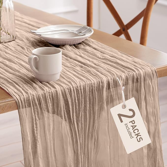 Pureegg 2-Pack Cheese Cloths Table Runner, 120'' Boho Table Cloth Decorations for Party, Baby Shower, Wedding and Farmhouse, Fabric Room Decor, Nude