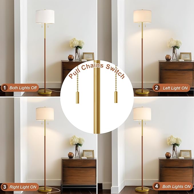 61" Wood Floor Lamp for Living Room 2-Light Standing Tall Lamps Mid Century Modern Floor Lamps for Bedroom Office Nursery Corner Industrial Reading Room Lamp, 3 Color Temperatures 9W Bulbs Included
