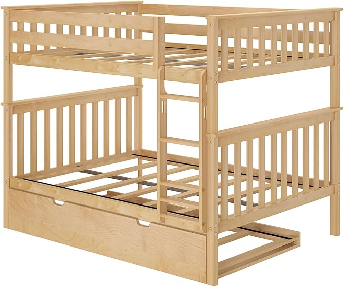 Max & Lily Bunk Bed, Full-Over-Full Wood Bed Frame For Kids With Trundle, Natural