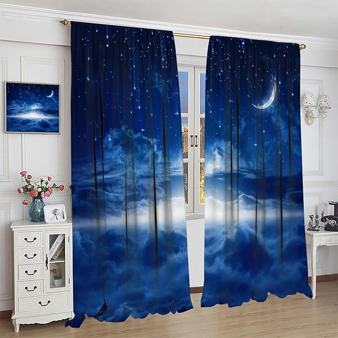 Star Night Sky Blackout Curtains, Moon Foggy Clouds Landscape Theme Print Window Drapes for Kids Girls Bedroom Living Room 63" W X 72" L