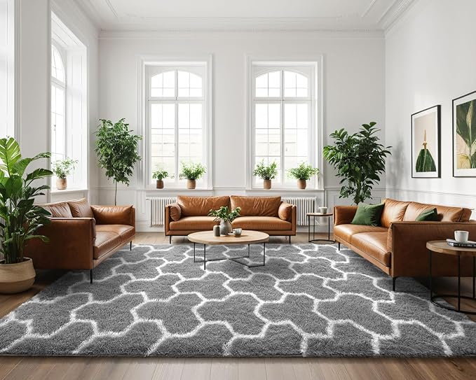 EVOIONOS 5x7 Washable Large Area Rug for Living Room, Grey and White Geometric Pattern Fluffy Shag Rug for Bedroom, Ultra Soft Plush Non Slip Carpet for Indoor Floor Nursery Kid Home Decor Aesthetic