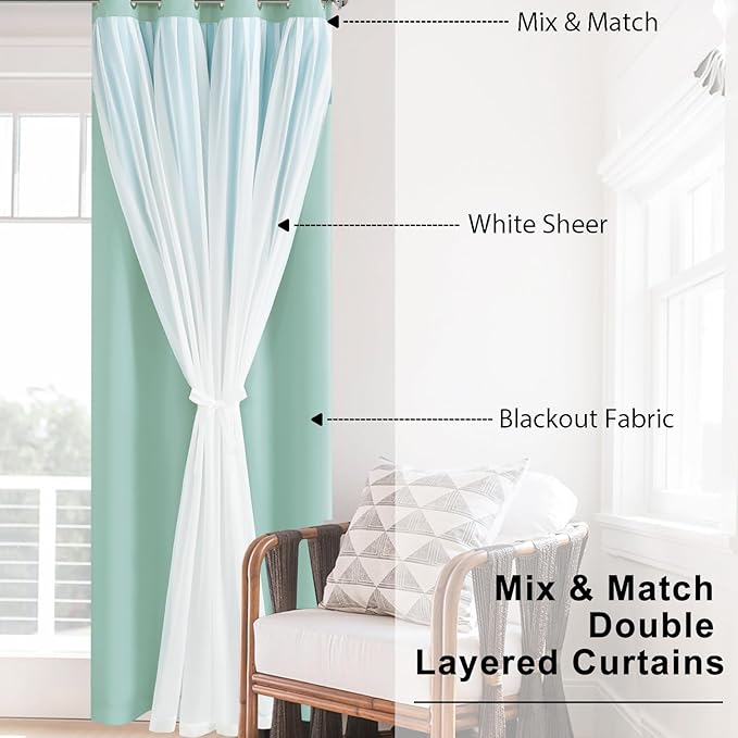 Hiasan Blackout Curtains with Sheer Overlay, Grommet Thermal Insulated Privacy Mix and Match Double Layer Window Curtains for Bedroom, Living Room, 2 Drape Panels with Tiebacks, Aqua, 52W X 63L