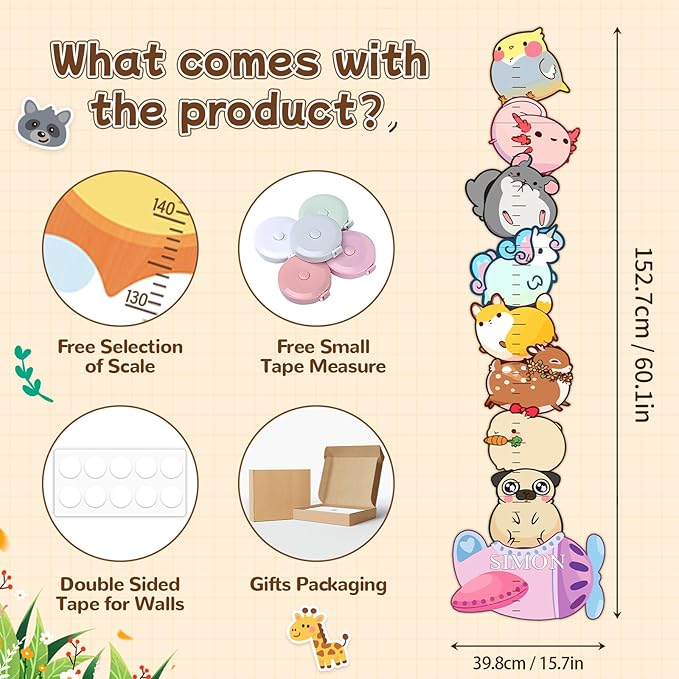 Personalized Wooden Animals Growth Chart Height Ruler,Custom Name Baby Height Growth Chart Wall Toddler Boys Girls,Nursery Wall Decor Baby Room,Child Height Wall Chart