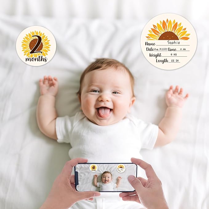 Baby Monthly Milestone Cards Sign - 13Pcs Double Sided Sunflower Milestone Markers, Flower Pattern Wooden Circles Discs Newborn Announcement Marker, Baby Shower Newborn Sign Photo Cards Gift Set