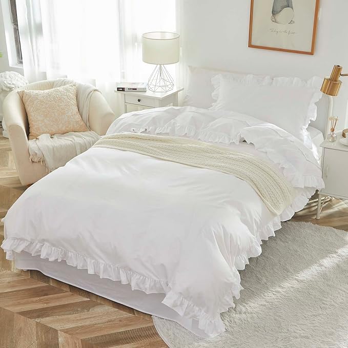 Brandream Kid's Duvet Cover Twin/Twin XL Size,100% Organic Cotton 2pcs Girl Bedding Duvet Cover Set, Ruffled Fringe Solid Color Soft Breathable with Zipper Closure & Corner Ties(White)