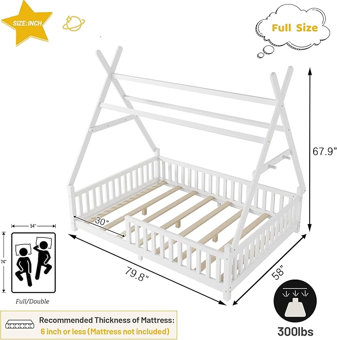 Montessori Bed Full Size with Light and Slats, Wood Teepee Floor Bed for Kids Boys Girls,House Bed Frame with Rails & Roof,No Box Spring Needed, White