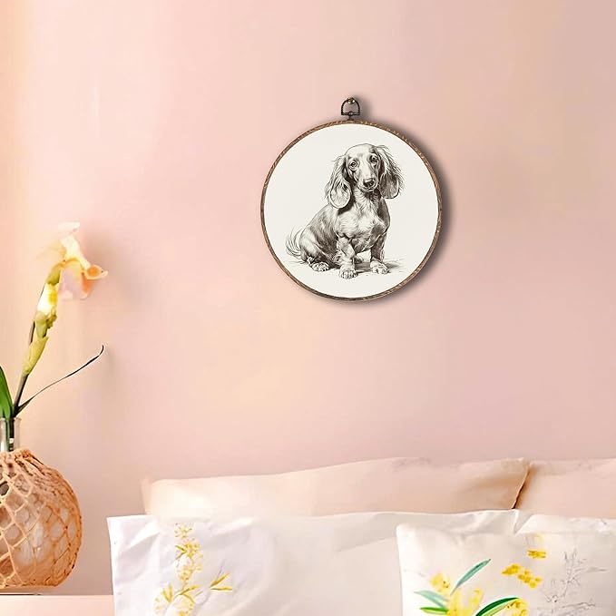 Vintage Dachshund Round Wall Art Framed, Retro Weiner Dog Round Wall Decor, Dachshund Weiner Dog Gifts Hanging Canvas Print Wall Sculpture for Bedroom Living Room Decor, 10x10 Inch