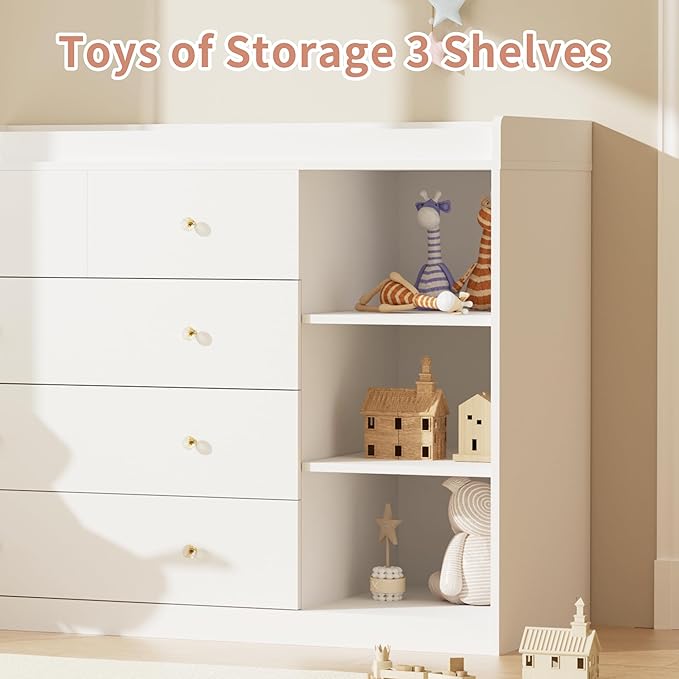 Baby Changing Table Dresser Diaper Change Table with 5 Drawers Storage Changing Station Dresser for Infant Mobile Nursery Organizer for Newborn,White
