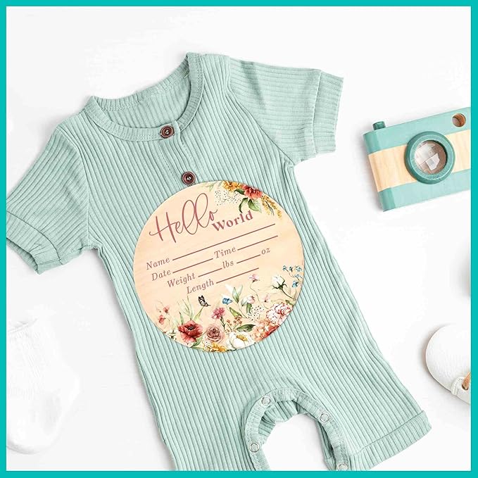 Hello World Wood Newborn Baby Birth Announcement Sign - 6 Inch Round - Butterfly Boho Floral - Shower Gift - Nursery Decor