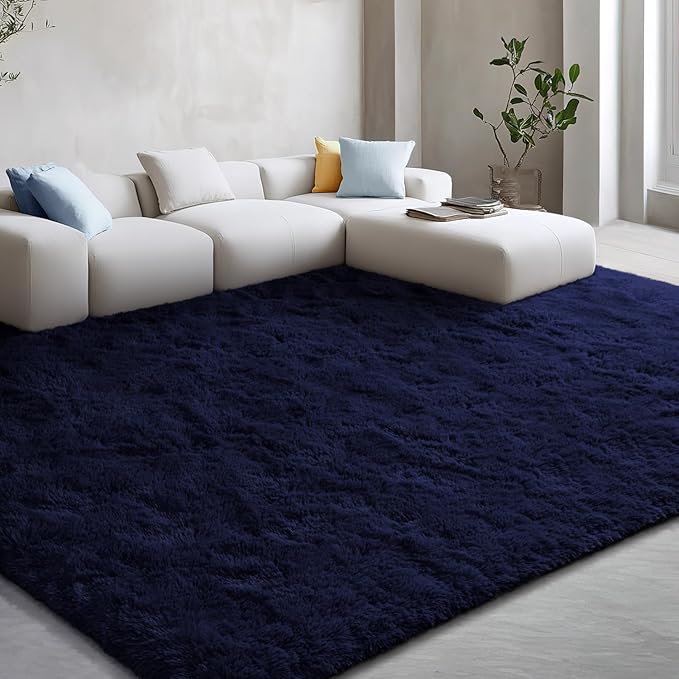EVOIONOS Ultra Soft Area Rug for Bedroom, 4x6 Machine Washable Fluffy Shag Rug for Living Room, Plush Non Slip Carpet Indoor Floor Bedside Nursery Kids Girls Room Dorm, Home Decor Aesthetic, Navy Blue