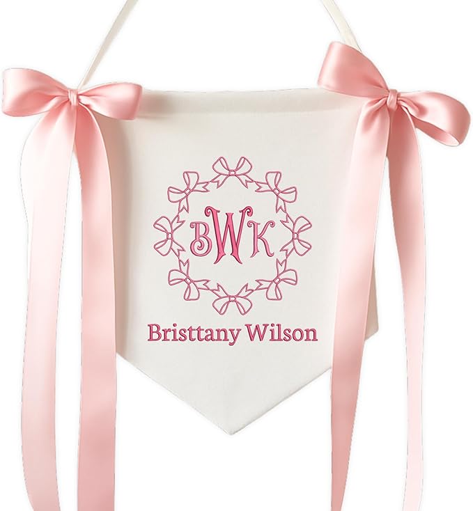 Embroidered Baby Name Sign Personalized Baby Announcement Sign Newborn Baby Banner with Bows Baby Hospital Name Sign Canvas Hanging Pennant Flag Custom Infant Baby Name Baby Shower Banner (14)