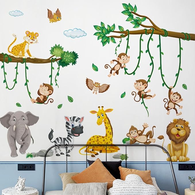Tree Wall Decals Decor for Bedroom Trapeze Monkey Wall Stickers for Living Room Animal Wall Decor for Bedroom Murals Stickers & Murals 3D DIY Art as Decorations