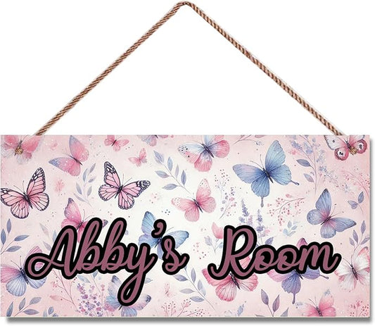 Personalized Sign Colorful Butterfly Rerto Sign Wall Art Decor For Kids Room Custom Name Door Décor For Girls Bedroom Home Kitchen Garden Yard