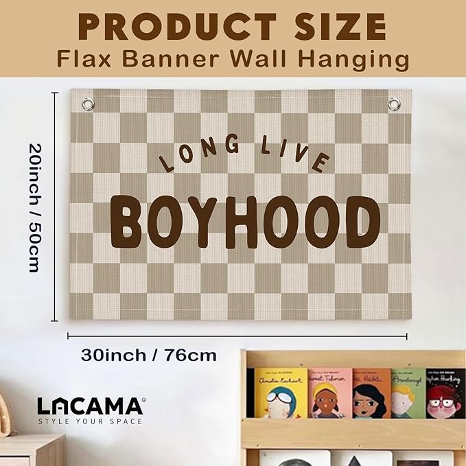 Lacama Boho Long Live Boyhood Boys Room Decor, Boy Nursery Decor, Linen Banner Wall Hanging Canvas Banner Flag Decor for Toddler Boy Room Nursery 30x20 In
