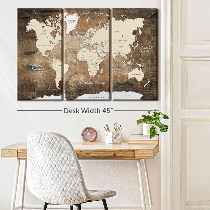 ElephantStock Aged Brown World Map I Wall Art - 3 Piece Canvas World Map Wall Decor - Ready-to-Hang Canvas Print - Vintage Wall Art - 45" X 28"