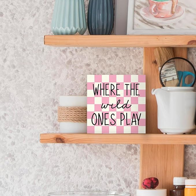 Where The Wild Ones Play Wood Box Sign Desk Decor 5X5, Nursery Kids Room Wooden Block Sign Decorations for Playroom Toddler Room Wall Tabletop Shelf Decor